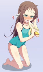 Rule 34 | 10s, 1girl, akino sora, banana, barefoot, blue eyes, blush, breasts, breath, brown hair, competition school swimsuit, feet, food, fruit, hair ornament, heavy breathing, highres, licking, long hair, mukaido manaka, nagi no asukara, one-piece swimsuit, open mouth, saliva, school swimsuit, sexually suggestive, solo, swimsuit, tears, toe scrunch, toes, tongue, tongue out