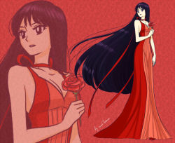 Rule 34 | 1girl, bishoujo senshi sailor moon, black eyes, black hair, choker, dress, expressionless, flower, full body, hino rei, lisginka, long hair, looking to the side, princess mars, projected inset, red background, red dress, red flower, red rose, red theme, rose, signature, solo, standing, very long hair
