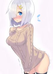 Rule 34 | 10s, 1girl, alternate costume, black thighhighs, blue eyes, blush, bottomless, chestnut mouth, clothes pull, collarbone, cowboy shot, flying sweatdrops, hair ornament, hair over one eye, hairclip, hamakaze (kancolle), highres, ichijou (kr neru0), kantai collection, leaning forward, long sleeves, looking at viewer, parted lips, short hair, silver hair, sleeves past wrists, solo, standing, sweater, sweater pull, thighhighs, trembling