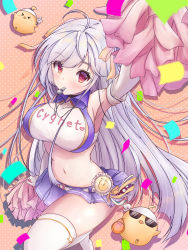 Rule 34 | 1girl, armpits, azur lane, breasts, cheerleader, cygnet (azur lane), cygnet (royal fanfare) (azur lane), highres, large breasts, long hair, manjuu (azur lane), mouth hold, poco., polka dot, polka dot background, pom pom (cheerleading), red eyes, solo, sunglasses, thighhighs, whistle, white thighhighs