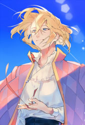 Rule 34 | 1boy, blonde hair, blue eyes, checkered clothes, checkered jacket, collared shirt, earrings, frilled shirt, frills, hair between eyes, holding, holding ribbon, howl (howl no ugoku shiro), howl no ugoku shiro, jacket, jacket on shoulders, jewelry, kiya, long sleeves, looking to the side, male focus, medium hair, necklace, outdoors, red jacket, ribbon, shirt, smile, solo, white shirt