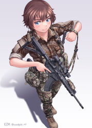 Rule 34 | ar-15, blue eyes, boots, brown hair, camouflage, camouflage pants, ck901, combat boots, full body, gun, gun sling, highres, holding, holding gun, holding weapon, kzm (sub-moa works), military, military uniform, original, pants, rifle, scope, short hair, sleeves rolled up, solo, trigger discipline, uniform, weapon, white background