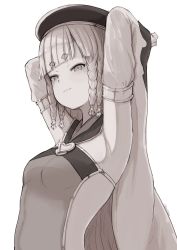 Rule 34 | 1girl, armpits, arms behind head, arms up, bare shoulders, beret, braid, breasts, detached sleeves, erune, eyeliner, granblue fantasy, greyscale, hat, highres, long hair, looking at viewer, makeup, monochrome, multiple braids, nosuku, pholia, quad braids, short eyebrows, side braids, sideless outfit, small breasts, smile, solo, very long hair, wide sleeves