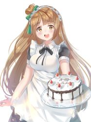 Rule 34 | 1girl, absurdly long hair, absurdres, bad id, bad pixiv id, birthday cake, blush, breasts, brown eyes, brown hair, cake, dress, food, happy birthday, highres, holding, holding plate, holmemee, large breasts, long hair, looking at viewer, love live!, love live! school idol project, maid, minami kotori, open mouth, pinafore dress, plate, puffy short sleeves, puffy sleeves, short sleeves, sleeveless dress, smile, solo, very long hair