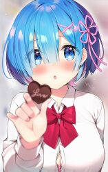 Rule 34 | 1girl, :o, absurdres, ayamy, blue eyes, blue hair, blurry, blurry foreground, blush, bra, breasts, button gap, candy, chocolate, chocolate heart, cleavage, commentary request, depth of field, dress shirt, food, hair ornament, hair over one eye, hairclip, heart, highres, large breasts, parted lips, pink bra, re:zero kara hajimeru isekai seikatsu, rem (re:zero), revision, shirt, short hair, solo, underwear, upper body, x hair ornament
