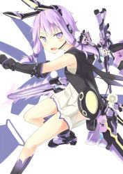 Rule 34 | 1girl, animal hood, animal print, armor, armored boots, boots, chainsaw, dress, fingerless gloves, gloves, hair ribbon, headgear, headset, hood, hood down, hoodie, looking at viewer, open mouth, ouka (ito), purple eyes, purple hair, rabbit hood, rabbit print, ribbon, sleeveless, sleeveless hoodie, solo, sweater, sweater dress, twintails, vocaloid, voiceroid, weapon, yuzuki yukari