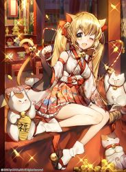 Rule 34 | 1girl, ;d, animal ears, artist name, bad id, bad pixiv id, bell, blonde hair, blush, bow, bridal gauntlets, cat, cat ears, cat tail, coin, commentary request, detached sleeves, fang, hair bell, hair bow, hair ornament, highres, jingle bell, long hair, maneki-neko, mo:oku, nontraditional miko, one eye closed, open mouth, original, pleated skirt, print skirt, red bow, ribbon, sandals, shelf, sidelocks, sitting, skirt, smile, socks, solo, sparkle, striped ribbon, tail, tail bell, tail bow, tail ornament, twintails, very long hair, watermark, white socks, yellow eyes