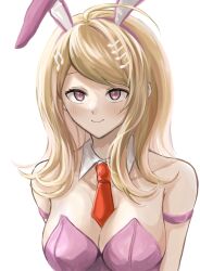 Rule 34 | 1girl, ahoge, akamatsu kaede, animal ears, bare shoulders, blush, breasts, cleavage, collarbone, danganronpa (series), danganronpa v3: killing harmony, detached collar, fake animal ears, fortissimo, hair ornament, hairband, highres, iwano (iwanohiroko), large breasts, leotard, long hair, musical note, musical note hair ornament, necktie, pink hairband, pink leotard, playboy bunny, red necktie, simple background, smile, solo, white background