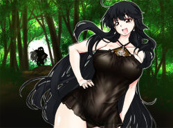 Rule 34 | 1girl, alternate breast size, bare shoulders, black hair, black panties, breasts, collarbone, curvy, earrings, fingernails, forest, hand on own hip, hime cut, hip focus, houraisan kaguya, izuna nie, jewelry, large breasts, leaning, lingerie, long hair, looking at viewer, nature, neck, negligee, open mouth, outline, panties, red eyes, silhouette, smile, solo, standing, thighs, tongue, touhou, tree, underwear, very long hair, wide hips
