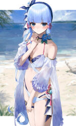 Rule 34 | 1girl, absurdres, alternate costume, ayaka (genshin impact), bare shoulders, beach, blue choker, blue eyes, blue flower, blunt bangs, blunt tresses, blurry, blurry background, blush, breasts, choker, cleavage, closed mouth, cowboy shot, ebiri fy, flower, flower knot, frilled sleeves, frills, genshin impact, hair ribbon, halterneck, hand up, hibiscus, highres, legs together, long hair, looking at viewer, medium breasts, mole, mole under eye, navel, o-ring, ocean, open clothes, open shirt, outdoors, ribbon, sand, see-through, see-through sleeves, short sleeves, solo, standing, stomach, thigh strap, tress ribbon, vision (genshin impact), white hair, wide sleeves