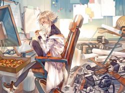 Rule 34 | ahoge, arknights, chair, coat, eating, food, food in mouth, joints, lab coat, mayer (arknights), medium hair, messy room, pantyhose, pizza, pomelo (ice blue585), robot, robot joints, room, shoes, short hair, sidelocks, sitting, sneakers, thighhighs, tomboy