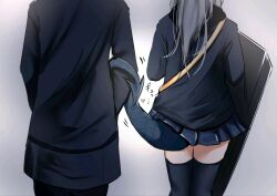 Rule 34 | 1girl, 1other, ajun351984, arknights, black jacket, black pants, black thighhighs, blue skirt, doctor (arknights), facing away, from behind, grey background, head out of frame, jacket, liskarm (arknights), long hair, pants, pleated skirt, simple background, skirt, tail, tail wrap, thighhighs