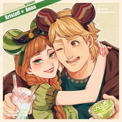 Rule 34 | 1boy, 1girl, ;d, alien (toy story), anna (frozen), black bow, blonde hair, bow, braid, brown eyes, brown hair, brown jacket, cup, dessert, disposable cup, drinking straw, food, freckles, frozen (disney), gelatin, green eyes, hair bow, hug, jacket, kristoff (frozen), lipstick, looking at viewer, makeup, mickey mouse ears, mizala, one eye closed, open mouth, short sleeves, smile, spoon, thick eyebrows, toy story, upper body