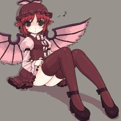 Rule 34 | 1girl, animal ears, bad id, bad pixiv id, dress, female focus, frilled dress, frills, full body, grey background, hat, ktsecond, legs, looking at viewer, lowres, musical note, mystia lorelei, oekaki, pink hair, shoes, short dress, short hair, simple background, sitting, solo, thighhighs, touhou, wings, zettai ryouiki