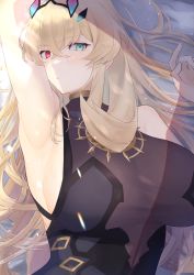 Rule 34 | 1girl, arm behind head, arm up, armpits, bare shoulders, black dress, blonde hair, breasts, dress, barghest (fate), barghest (second ascension) (fate), fate/grand order, fate (series), green eyes, heterochromia, highres, horns, kz mochixx, large breasts, long hair, looking at viewer, red eyes, sideboob, solo, tagme