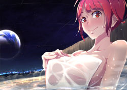 Rule 34 | 1girl, blush, breasts, cityscape, collarbone, covered erect nipples, covering privates, exer-machina -the steel resonance-, fence, hand on own chest, large breasts, looking at viewer, naked towel, night, nose blush, nude cover, onsen, original, partially submerged, planet, red eyes, red hair, sakusakusakurai, short hair, smile, solo, towel, upper body, water, wet