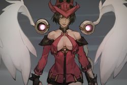 Rule 34 | 1girl, belt, black hair, breasts, breasts apart, choker, cleavage, collarbone, detached sleeves, electric guitar, fingerless gloves, gloves, grey background, guilty gear, guilty gear xrd, guitar, hair between eyes, hat, heterochromia, i-no, instrument, large breasts, medium hair, mole, mole above mouth, o-ring, o-ring top, simple background, smile, solo, thighs, uncle rabbit ii, underboob, wings, witch hat