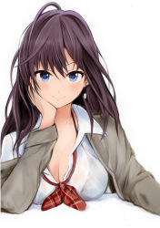 Rule 34 | 1girl, ahoge, black bra, blue eyes, blush, bow, bowtie, bra, breasts, brown hair, brown jacket, cleavage, closed mouth, collarbone, earrings, hair between eyes, hand on own face, ichinose shiki, idolmaster, idolmaster cinderella girls, jacket, jewelry, large breasts, long hair, long sleeves, looking at viewer, nannacy7, see-through, shirt, simple background, smile, solo, underwear, upper body, wavy hair, white background, white shirt