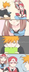 Rule 34 | 4koma, ^^^, baseball cap, blue oak, bra, breasts, brown eyes, brown hair, caught, cleavage, collarbone, comic, creatures (company), frown, game console, game freak, half-closed eyes, handheld game console, hat, highres, leaf (pokemon), miniskirt, nintendo, nintendo 3ds, orange eyes, peeking, pokemon, pokemon frlg, pokemon hgss, pumpkinpan, red (pokemon), red hat, simple background, sitting, skirt, smile, standing, striped bra, striped clothes, sweat, textless version, underwear, white hat