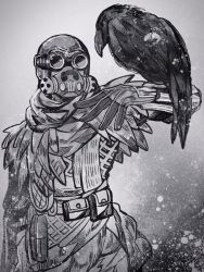 Rule 34 | 1other, aged down, ambiguous gender, animal on arm, apex legends, belt, bird, bird on arm, bloodhound (apex legends), crow, feathers, gas mask, gloves, goggles, greyscale, looking up, mask, monochrome, mouth mask, mozuwaka, open hand, pouch, solo, young blood bloodhound