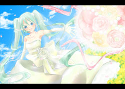 Rule 34 | bad id, bad pixiv id, blue eyes, bouquet, bride, cloud, day, dress, elbow gloves, flower, gloves, green hair, hatsune miku, jewelry, letterboxed, necklace, pearl necklace, sky, solo, tamaichi, twintails, vocaloid, wedding dress