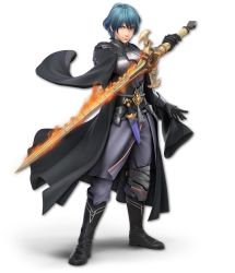 Rule 34 | 1boy, 3d, aqua hair, artist request, black coat, black footwear, black gloves, blue eyes, boots, byleth (fire emblem), byleth (male) (fire emblem), closed mouth, coat, dagger, expressionless, fire, fire emblem, fire emblem: three houses, flaming sword, flaming weapon, full body, gloves, grey pants, grey shirt, hand up, highres, holding, holding sword, holding weapon, knife, long sleeves, looking at viewer, male focus, nintendo, official art, pants, sheath, sheathed, shirt, short hair, solo, standing, super smash bros., sword, sword of the creator, transparent background, vambraces, weapon