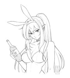 Rule 34 | 1girl, animal ears, bottle, breasts, cleavage, commentary, commission, ear piercing, earrings, english commentary, fake animal ears, greyscale, hairband, head tilt, highres, holding, holding bottle, jewelry, large breasts, leotard, long hair, looking at viewer, monochrome, mugen0017, original, piercing, pointy ears, ponytail, rabbit ears, signature, simple background, solo, upper body, white background