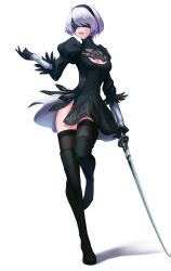 Rule 34 | 1girl, absurdres, black blindfold, black footwear, black gloves, black hairband, blindfold, boots, full body, gloves, grey background, grey hair, grey thighhighs, hairband, high heel boots, high heels, highres, holding, holding sword, holding weapon, katana, mole, mole under mouth, nier (series), nier:automata, puffy sleeves, see-through, shadow, short hair, simple background, solo, sword, thighhighs, turtleneck, ura dora, weapon, white background, 2b (nier:automata)
