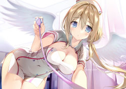 Rule 34 | 1girl, angel wings, artist name, bent over, blonde hair, blue eyes, breasts, cleavage, commentary request, covered navel, dress, feathered wings, hair between eyes, hat, highres, holding, indoors, karory, large breasts, long hair, looking at viewer, low ponytail, nurse, nurse cap, original, parted lips, short dress, short sleeves, shrug (clothing), side slit, solo, stethoscope, very long hair, white dress, white wings, wings
