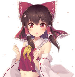 Rule 34 | 1girl, :o, bare shoulders, blush, bow, breasts, brown hair, clenched hands, commentary request, detached sleeves, frilled bow, frilled shirt collar, frills, hair bow, hair tubes, hakurei reimu, long sleeves, looking at viewer, minamura haruki, navel, open mouth, petals, red bow, red eyes, ribbon-trimmed sleeves, ribbon trim, short hair, sideboob, sidelocks, simple background, small breasts, solo, touhou, upper body, v-shaped eyebrows, white background, wide sleeves, yellow neckwear