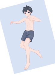 Rule 34 | 1boy, absurdres, barefoot, black hair, black male swimwear, closed mouth, collarbone, commentary request, full body, highres, katou kaisei, looking at viewer, male focus, male swimwear, original, purple eyes, rinshi (artist), short hair, solo, swim trunks, topless male