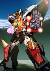 Rule 34 | bad id, bad twitter id, drill, fighting stance, gaogaigar, highres, looking at viewer, mecha, no humans, open hand, orange eyes, robot, ruru ashihara, science fiction, solo, spinning, standing, super robot, v-fin, yuusha ou gaogaigar, yuusha series