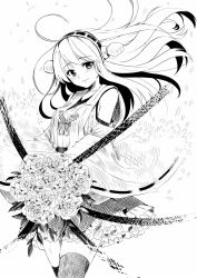 Rule 34 | 10s, 1girl, bad id, bad twitter id, bare shoulders, black hair, black thighhighs, blush, bouquet, detached sleeves, flower, greyscale, hairband, haruna (kancolle), headgear, highres, japanese clothes, kantai collection, long hair, looking at viewer, monochrome, nontraditional miko, ribbon-trimmed sleeves, ribbon trim, skirt, smile, solo, thighhighs, tsukiriran