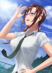Rule 34 | 1girl, :d, absurdres, artist name, blue eyes, breasts, brown hair, commentary request, evangelion: 2.0 you can (not) advance, gate, glasses, hairband, hand on own hip, highres, interface headset, large breasts, long hair, looking up, makinami mari illustrious, medium breasts, necktie, neon genesis evangelion, open mouth, outdoors, rebuild of evangelion, red-framed eyewear, ruzuki, school uniform, smile, solo, teeth, tree, twintails, upper teeth only