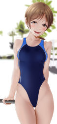 Rule 34 | 1girl, absurdres, blue one-piece swimsuit, blurry, breasts, commentary request, competition swimsuit, depth of field, head tilt, highleg, highleg swimsuit, highres, idolmaster, idolmaster cinderella girls, lips, looking at viewer, nitta minami, one-piece swimsuit, open mouth, small breasts, smile, solo, swimsuit, taka (takahirokun), thigh gap