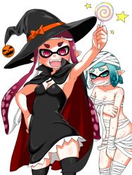 Rule 34 | 2girls, :d, aqua eyes, aqua hair, arm up, black cape, black dress, black headwear, black thighhighs, blunt bangs, blush, bob cut, breasts, candy, cape, closed mouth, commentary, covering breasts, covering crotch, covering privates, dress, fang, food, frown, halloween, halloween costume, hand on own hip, hat, highres, holding, holding candy, holding food, inkling, inkling player character, jack-o&#039;-lantern hat ornament, lollipop, long hair, multiple girls, mummy costume, nintendo, open mouth, penguin maru (penginmaru), pointy ears, purple eyes, purple hair, red cape, short dress, short hair, simple background, small breasts, smile, splatoon (series), star (symbol), strapless, strapless dress, sweat, tentacle hair, thighhighs, two-sided cape, two-sided fabric, white background, witch hat
