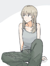 Rule 34 | 1girl, absurdres, bare arms, closed mouth, commentary request, earclip, feet out of frame, girls band cry, green pants, grey background, grey eyes, grey tank top, highres, kawaragi momoka, light brown hair, long hair, pants, saitsuyoshi, sitting, solo, tank top, two-tone background, white background
