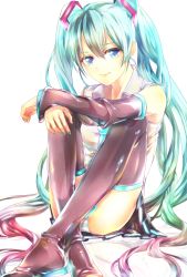 Rule 34 | 1girl, aqua hair, bad id, bad pixiv id, blue eyes, boots, detached sleeves, hatsune miku, highres, long hair, necktie, ojison, panties, pantyshot, sitting, skirt, smile, solo, striped clothes, striped panties, thigh boots, thighhighs, twintails, underwear, upskirt, very long hair, vocaloid, white background