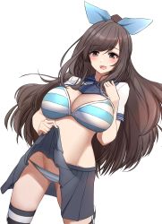 Rule 34 | 1girl, blue bow, blue bra, blue panties, blue skirt, blush, bow, bra, breasts, brown eyes, brown hair, cleavage, clothes lift, hair bow, highres, hip focus, idolmaster, idolmaster shiny colors, large breasts, lifted by self, long hair, looking at viewer, nagisa otoha, open mouth, panties, pleated skirt, ponytail, sailor collar, sailor shirt, shirt, shirt lift, simple background, skirt, skirt lift, smile, solo, striped bra, striped clothes, striped legwear, striped panties, striped thighhighs, swept bangs, thighhighs, thighs, tsukioka kogane, underwear, white background, white shirt