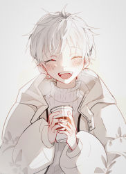 Rule 34 | 1boy, 2hands1cup, arknights, bishounen, blush, coffee, coffee cup, cup, disposable cup, closed eyes, highres, holding, holding cup, jacket, kimven (wenzisama), male focus, mephisto (arknights), open mouth, shirt, short hair, smile, solo, turtleneck, upper body, white hair, white shirt