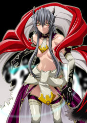 Rule 34 | 1girl, breasts, collar, elbow gloves, gloves, horns, isse, long hair, medium breasts, monster girl, no bra, revealing clothes, silver hair, solo, thighhighs