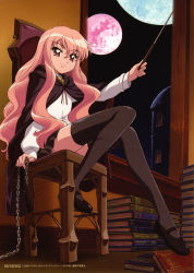 Rule 34 | 00s, 1girl, 2006, black thighhighs, book, cape, chain, chair, dated, flat chest, foreshortening, full body, full moon, hair between eyes, highres, holding, indoors, light smile, long hair, long legs, looking at viewer, louise francoise le blanc de la valliere, mary janes, miniskirt, moon, night, night sky, official art, outstretched arm, pentacle, pink eyes, pink hair, pleated skirt, scan, school uniform, serafuku, shirt, shoes, sidelocks, sitting, skirt, sky, smile, solo, thighhighs, usatsuka eiji, very long hair, wand, wavy hair, window, zero no tsukaima, zettai ryouiki