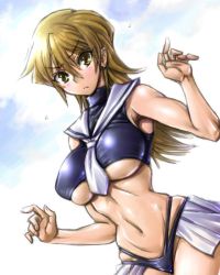 Rule 34 | 1girl, amania orz, blonde hair, blush, breasts, female focus, gradient background, impossible clothes, large breasts, long hair, looking at viewer, midriff, navel, revealing clothes, shiny skin, skin tight, skindentation, skirt, solo, tenjouin asuka, thong, underboob, yu-gi-oh!, yu-gi-oh! gx