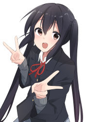 Rule 34 | 1girl, :d, black hair, black jacket, blazer, blush, brown eyes, cardigan, collared shirt, double v, grey cardigan, highres, jacket, k-on!, long hair, long sleeves, looking at viewer, nakano azusa, neck ribbon, nyagonya21, open mouth, red ribbon, ribbon, sakuragaoka high school uniform, school uniform, shirt, sidelocks, simple background, smile, solo, teeth, twintails, upper body, upper teeth only, v, white background, white shirt