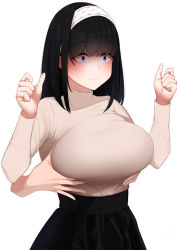 Rule 34 | 1girl, beige sweater, black hair, black skirt, blue eyes, blush, grabbing another&#039;s breast, breasts, closed mouth, constricted pupils, from behind, grabbing, hairband, high-waist skirt, highres, idolmaster, idolmaster cinderella girls, large breasts, long hair, long sleeves, sagisawa fumika, senju (snz0), simple background, skirt, solo focus, turtleneck, white background