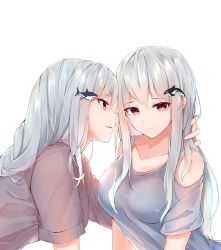 Rule 34 | 2girls, alternate costume, arknights, arm around neck, artist name, bad id, bad pixiv id, breasts, casual, chinese commentary, closed mouth, clothing cutout, collarbone, expressionless, face-to-face, grey shirt, hair between eyes, hair ornament, highres, large breasts, leria v, long hair, looking at another, looking at viewer, multiple girls, orca, profile, red eyes, shark hair ornament, shirt, short sleeves, shoulder cutout, signature, silver hair, simple background, skadi (arknights), specter (arknights), straight hair, upper body, whale hair ornament, white background, yuri