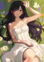 Rule 34 | 1girl, absurdres, arm up, armpits, bare arms, bare shoulders, blush, breasts, burn scar, cleavage, collarbone, commentary, commission, day, dress, english commentary, field, flower, flower field, grass, hair over one eye, highres, ikezawa hanako, jewelry, katawa shoujo, long hair, looking at viewer, lying, medium breasts, necklace, nerunemuteto, on back, outdoors, parted lips, purple eyes, purple hair, revision, scar, scar on face, sleeveless, sleeveless dress, smile, solo, sundress, very long hair, white dress, white flower