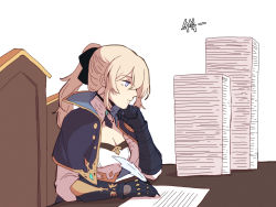 Rule 34 | 1girl, blonde hair, blue eyes, bow, capelet, chair, comic, desk, genshin impact, gs pno, hair between eyes, hair bow, head rest, highres, jean (genshin impact), long hair, paper, pen, ponytail, silent comic, solo, stack, translation request, writing