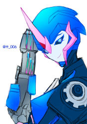 Rule 34 | 1girl, arcee, arcee (prime), autobot, blue eyes, gun, highres, mecha girl, oberon826, simple background, solo, transformers, transformers prime, weapon