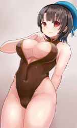 Rule 34 | 10s, 1girl, black hair, blush, breasts, cameltoe, cleavage, cleavage cutout, clothing cutout, curvy, female focus, front zipper swimsuit, hat, highres, kantai collection, large breasts, looking at viewer, meme attire, okitsugu, one-piece swimsuit, red eyes, short hair, smile, solo, swimsuit, takao (kancolle), thick thighs, thighs, wide hips
